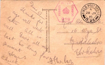 Postcard from C R Scott to Ada Stabler 1916