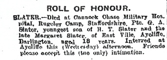 Roll of Honour death notice Monday 1  july, 1918, G. A. Slater